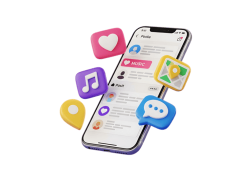 Modern smartphone displaying social media feed with app icons floating around it isolated on transparent background png