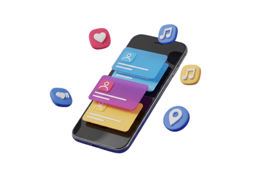 3d Renderização do uma Smartphone exibindo empilhado crédito cartões com flutuando social meios de comunicação e localização ícones isolado em transparente fundo png