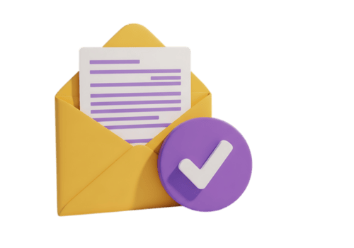 Yellow envelope with document and purple check mark icon symbolizing successful email delivery or task completion isolated on transparent background png