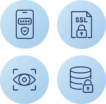 Data privacy icon set featuring mobile lock, SSL, focus scan, and secured database vector