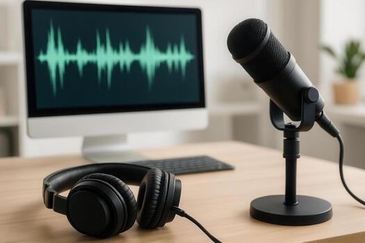 Podcast studio setup with microphone, headphones, and waveform displayed on computer photo