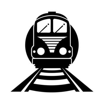 Front View Train Silhouette Icon Black Railway Engine on Tracks with Tunnel Effect for Transport, Commute, Travel, Metro, Subway, and Locomotive Design Concepts on White Background vector