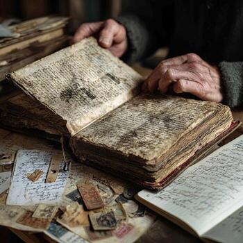 An old man is holding an old book on a table photo