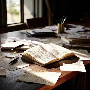A table with papers and pens on it photo