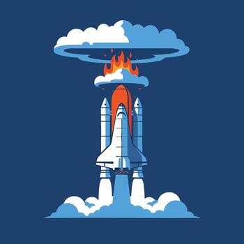 Space Shuttle Launch with Fiery Explosion and Smoke Clouds. vector