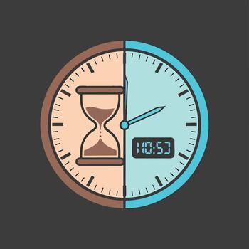 división reloj y reloj de arena simbolizando hora administración y medición. vector