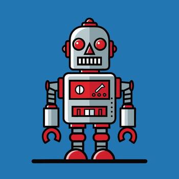 Retro robot with red accents and control panel. vector