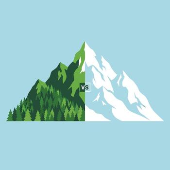 conceptual ilustración de un montaña división Entre un verde bosque y un Nevado pico demostración un versus concepto. vector