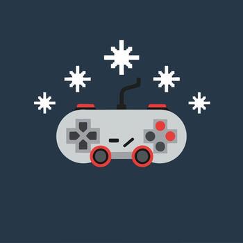A classic wired game controller with red buttons and pixelated snowflakes. vector