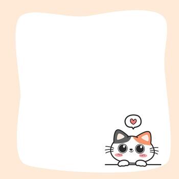 Memo sticky paper note frame decorate with cute cartoon cat peeking over line, Blank card frame template with cat greetings vector