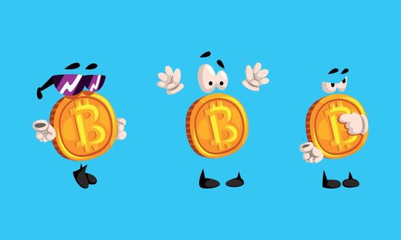 Set of Funny Bitcoin Characters, Cryptocurrency in Different Situations Cartoon Illustration vector