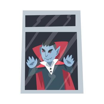 Spooky Count Dracula or Vampire Monster as Grotesque Creature with Terrifying Appearance Standing Behind the Window Illustration vector