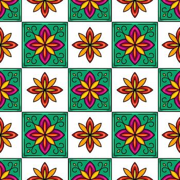 Seamless pattern with vibrant teal, orange, yellow, and purple stylized floral motifs arranged in a checkered pattern, creating a cheerful and energetic design ideal for textile prints or we... vector