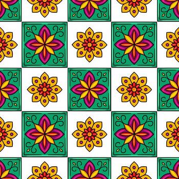 Vibrant seamless pattern featuring a cheerful mix of teal square floral motifs and round flower elements, creating a lively and festive design ideal for textile prints, wallpapers, and packa... vector