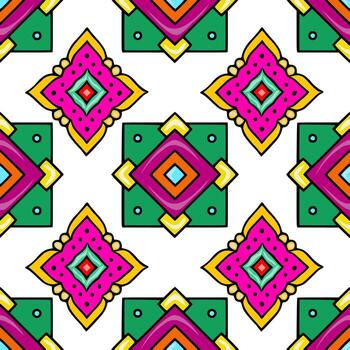 Seamless pattern with vibrant geometric shapes and floral elements, featuring a unique blend of bold fuchsia, emerald green, and sunny yellow hues, creating an energetic and playful design i... vector