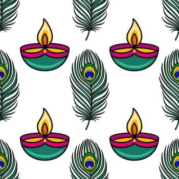Seamless pattern featuring vibrant teal diyas with flaming wicks and detailed peacock feathers, creating a festive and exotic design ideal for textiles or prints. vector