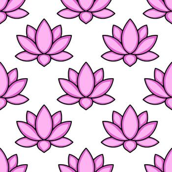 Seamless pattern of stylized pink lotus flowers with bold black outlines, creating a clean and modern design ideal for various applications. vector