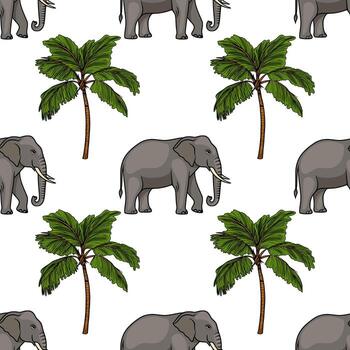 Seamless pattern featuring grey elephants and lush green palm trees, creating a vibrant tropical jungle design. vector