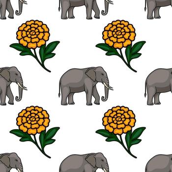 Seamless pattern featuring stylized elephants and marigolds, creating a vibrant and exotic design ideal for textile prints or decorative backgrounds. vector