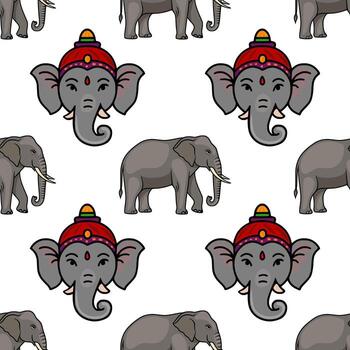 Seamless pattern featuring charming elephant heads adorned with vibrant headdresses and fullbody elephant illustrations, creating a playful and festive design ideal for various applications. vector
