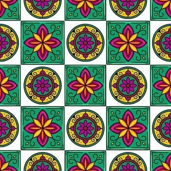 sin costura modelo con vibrante verde azulado, amarillo, y magenta floral motivos arreglado en un repitiendo cuadrado y cuarto de círculo loseta diseño, creando un animado y energético estético. vector