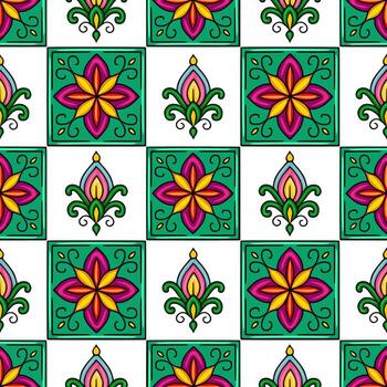 sin costura modelo con vibrante verde azulado y blanco antecedentes presentando estilizado floral motivos en brillante amarillo, rojo, rosa, y púrpura matices, creando un alegre y energético diseño ideal para texto... vector