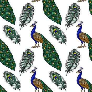 Seamless pattern featuring vibrant peacocks and detailed feathers in a repeating design, ideal for textile prints and decorative backgrounds. vector