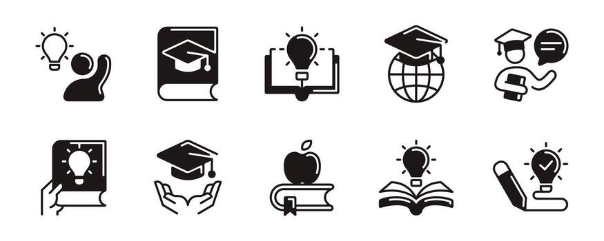 knowledge achievement icon set smart innovation book thinking light bulb creative idea brainstorm signs with unique style design for web and app vector