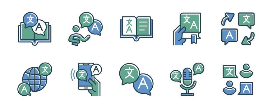 internacional idioma traducir diccionario icono conjunto en línea global comunicación burbuja diálogo Traducción Servicio señales ilustración para web y aplicación vector
