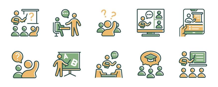 lecture education school classroom learning icon set teacher and student conference workshop training course illustration business online academy college symbol design for web and app vector