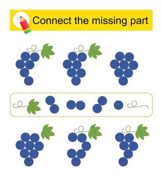 Connect the missing part. Attention task for kids. Cartoon grapes. vector