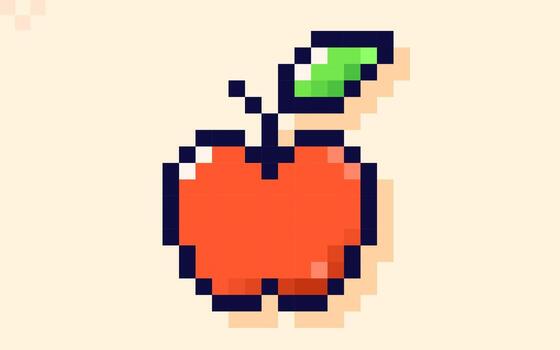 One red apple with green leaf. Design element drawn in pixel art 8 bit style. vector