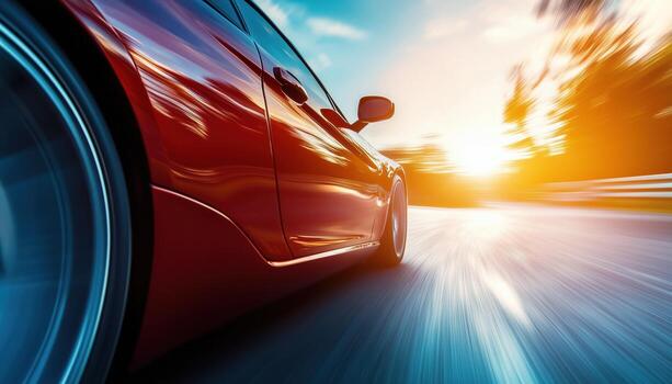 Low Angle Side View Of Fast Driving Car With Sun And Motion Speed Effect Visible In The Background. Exciting Drive Captured In Motion photo