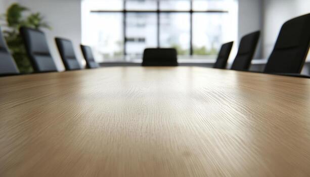 Empty Office Room With A Wooden Board On An Empty Table. Background Is Blurred In The Image. Classic And Professional Setting For Work Space photo
