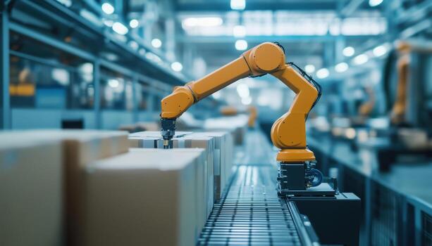 Robotic Arm Operating In A Factory Environment, Carrying Out Tasks And Functions Efficiently To Enhance Production And Workflow photo