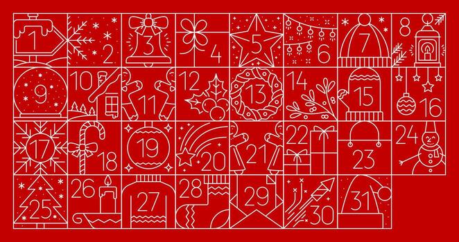 Winter advent calendar with 31 red line art blocks vector
