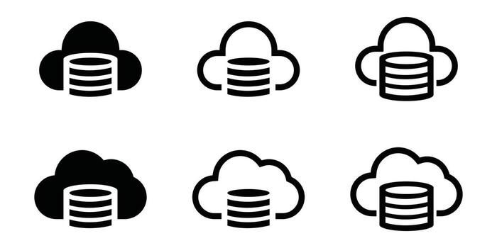nube base de datos íconos seis variaciones, negro y describir, negrita línea estilo, datos almacenamiento concepto, . vector