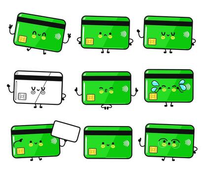 Charming cartoon credit card characters display a range of emotions, each with unique expressions and gestures. vector