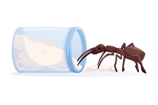 isolated illustration of ant invading sugar jar. Home pest control concept with insect crawling into open food container. Symbol of infestation, kitchen hygiene issue and insect problem. vector