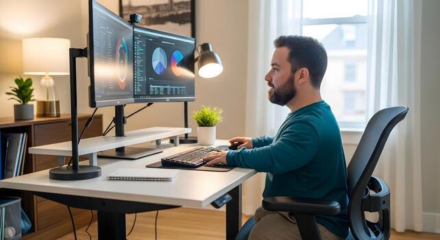 Man at desk with dual monitors displaying charts computer photo
