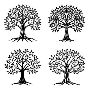 estilizado árbol ilustraciones con elegante hoja y maletero patrones vector