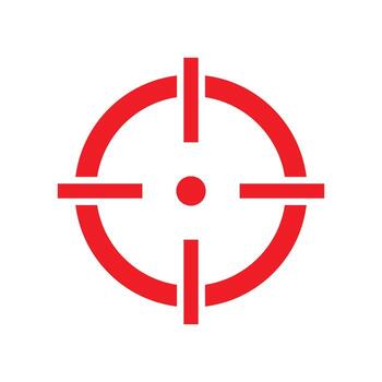 un rojo línea Arte icono de un punto de mira con roto o rayado líneas a sus centro, representando un estilizado o dañado retículo. vector