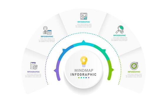 infografía modelo negocio. 5 5 pasos moderno mapa mental diagrama con círculos temas, presentación infografía. vector
