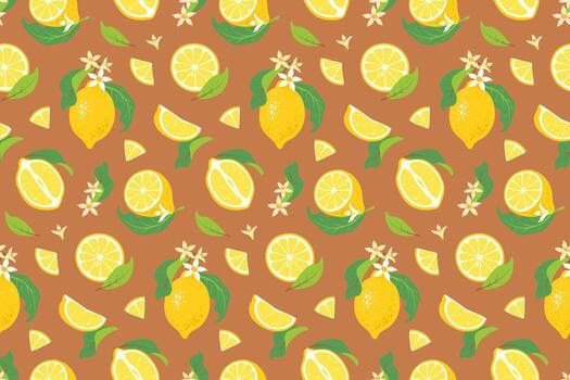 Colorful lemon pattern with leaves and flowers. vector