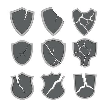 conjunto de metal roto proteger con grieta y astillas roto defensa seguridad proteger atacado dañado por virus, el seguridad sistema en el Internet, aislado en blanco fondo, ilustración vector