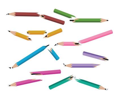 Set of broken pencil snapping in two, broken pencils snapped in half, Error, anger, frustration or failure concept icon. Creative crisis, stress at work and employe burnout symbol. Illustration vector