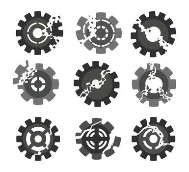 Set of broken gear set collection, disruption icon, concept of breaking detail or poor work of the mechanism, broken gear wheel , Breakdown in the system, factory development illustration. vector