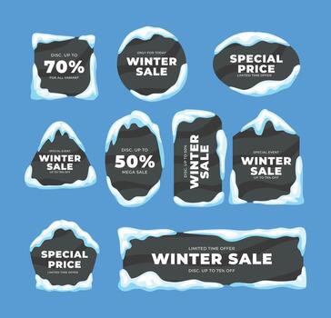 Set snowy frame and ice cap with text here gap banners set illustration, winter sale banner collection border cartoon with icicles and oval, circle, square, rectangle, triangle shape. snow sale frame vector