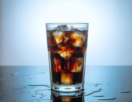 Glass of Cola with Ice Cubes on a Reflective Surface photo