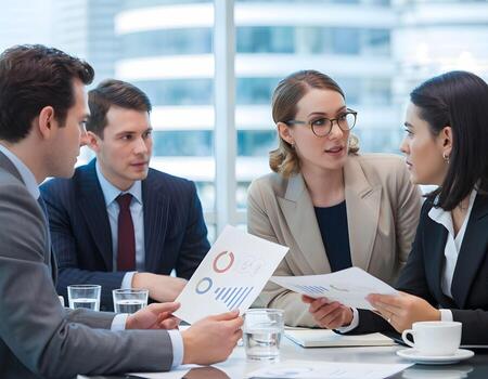 Business Team in Meeting Analyzing Documents and Charts photo